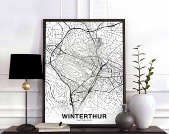 WINTERTHUR Switzerland map poster black white Hometown City Print Modern Home Decor Office Decoration Wall Art Dorm Bedroom Gift