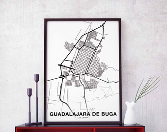 GUADALAJARA DE BUGA Colombia map poster black white Hometown City Print Modern Home Decor Office Decoration Wall Art Dorm Bedroom Gift