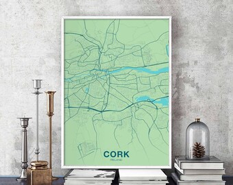 CORK Ireland map poster color Hometown City Print Modern Home Decor Office Decoration Wall Art Dorm Bedroom Gift