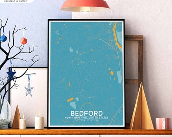 BEDFORD New Hampshire USA map poster black white Hometown City Print Modern Home Decor Office Decoration Wall Art Dorm Bedroom Gift