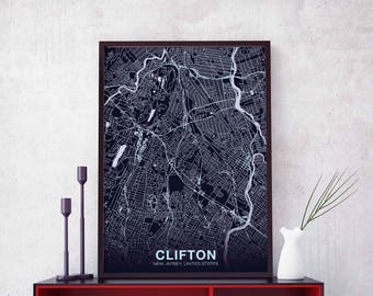 CLIFTON New Jersey NJ US map poster color Hometown City Print Modern Home Decor Office Decoration Wall Art Dorm Bedroom Gift
