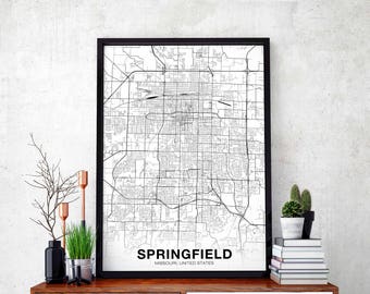 SPRINGFIELD Missouri MO USA map poster black white Hometown City Print Modern Home Decor Office Decoration Wall Art Dorm Bedroom Gift