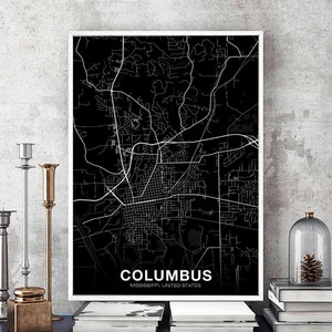 COLUMBUS Mississippi MS USA map poster black white Hometown City Print Modern Home Decor Office Decoration Wall Art Dorm Bedroom Gift