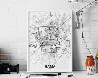 HAMA Syria map poster black white Hometown City Print Modern Home Decor Office Decoration Wall Art Dorm Bedroom Gift