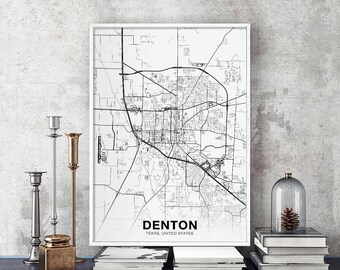 DENTON Texas TX USA map poster black white Hometown City Print Modern Home Decor Office Decoration Wall Art Dorm Bedroom Gift