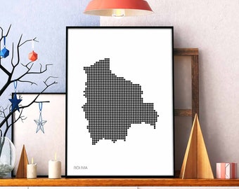 BOLIVIA minimal dots retro map poster black white wall decor design modern swiss scandinavian nordic housewarming travel bedroom