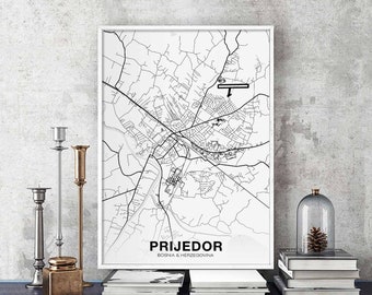 PRIJEDOR Bosnia map poster black white Hometown City Print Modern Home Decor Office Decoration Wall Art Dorm Bedroom Gift