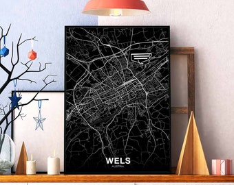 WELS Austria map poster black white Hometown City Print Modern Home Decor Office Decoration Wall Art Dorm Bedroom Gift