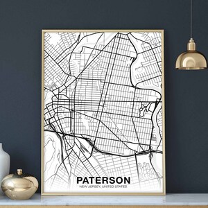 PATERSON New Jersey NJ USA mapa plakat czarno-biały Hometown Miasto Drukuj Nowoczesny wystrój domu Dekoracja biurowa Sztuka ścienna Akademik Sypialnia Prezent