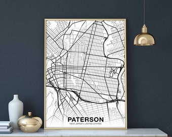 PATERSON New Jersey NJ USA map poster black white Hometown City Print Modern Home Decor Office Decoration Wall Art Dorm Bedroom Gift