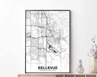 BELLEVUE Nebraska NE US map poster black white Hometown City Print Modern Home Decor Office Decoration Wall Art Dorm Bedroom Gift