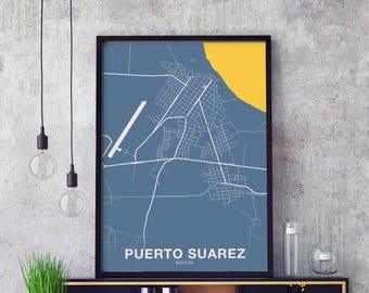 PUERTO SUAREZ Bolivia map poster color Hometown City Print Modern Home Decor Office Decoration Wall Art Dorm Bedroom Gift