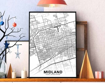 MIDLAND Texas TX US map poster black white Hometown City Print Modern Home Decor Office Decoration Wall Art Dorm Bedroom Gift