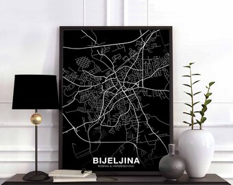BIJELJINA Bosnia Herzegovina map poster black white Hometown City Print Modern Home Decor Office Decoration Wall Art Dorm Bedroom Gift