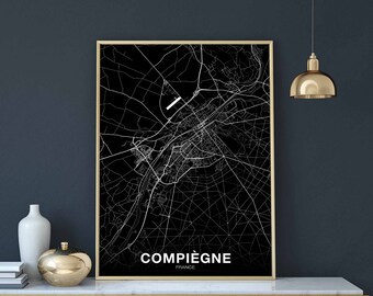 COMPIEGNE  France map poster black white Hometown City Print Modern Home Decor Office Decoration Wall Art Dorm Bedroom Gift