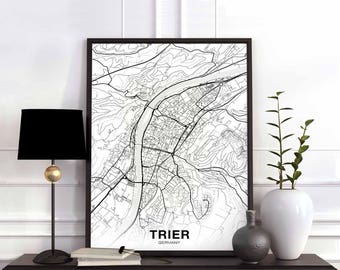 TRIER Germany map poster black white Hometown City Print Modern Home Decor Office Decoration Wall Art Dorm Bedroom Gift