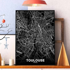 TOULOUSE France carte affiche noir blanc ville natale ville impression moderne décor à la maison bureau décoration mur art dortoir chambre cadeau