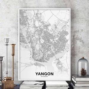 YANGON Myanmar Rangoon Birmanie carte affiche noir blanc ville natale ville impression moderne décor à la maison bureau décoration mur art dortoir chambre cadeau