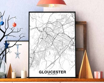 GLOUCESTER Great Britain UK map poster black white Hometown City Print Modern Home Decor Office Decoration Wall Art Dorm Bedroom Gift