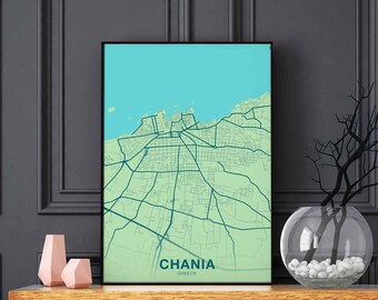 CHANIA Greece map poster color Hometown City Print Modern Home Decor Office Decoration Wall Art Dorm Bedroom Gift