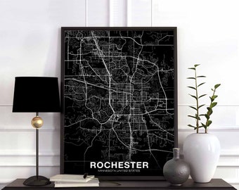 ROCHESTER Minnesota MN usa map poster black white Hometown City Print Modern Home Decor Office Decoration Wall Art Dorm Bedroom Gift