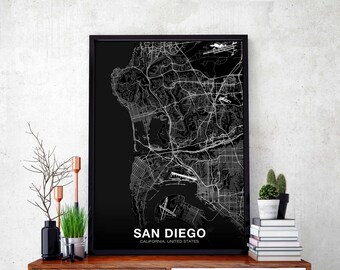 SAN DIEGO California CA usa map poster black white Hometown City Print Modern Home Decor Office Decoration Wall Art Dorm Bedroom Gift