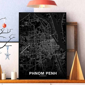 PHNOM PENH Cambodge carte affiche noir blanc ville natale ville impression moderne décor à la maison bureau décoration mur art dortoir chambre cadeau