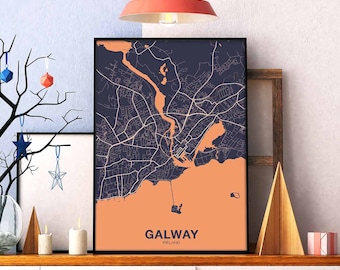 Póster con mapa de Irlanda de Galway, impresión en color de la ciudad natal, decoración moderna para el hogar, decoración de la oficina, arte de pared, dormitorio, regalo