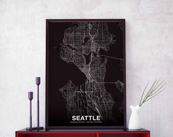 SEATTLE Washington WA USA map poster black white Hometown City Print Modern Home Decor Office Decoration Wall Art Dorm Bedroom Gift