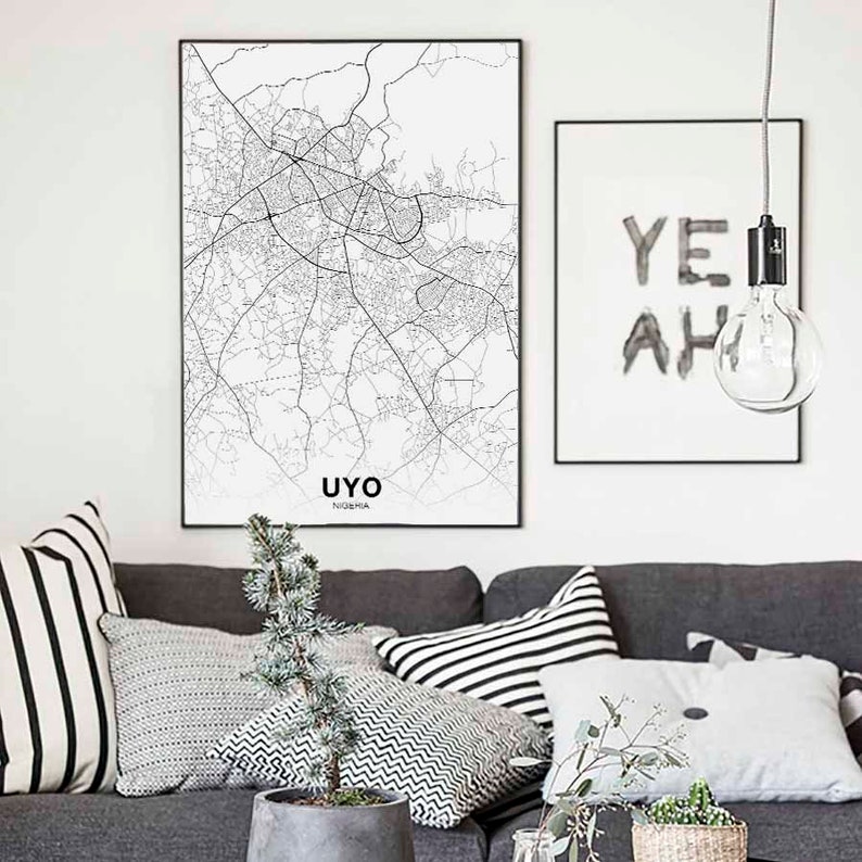 Uyo Map Sign UYO Nigeria Map Poster Black White Hometown City Print Modern Home ...
