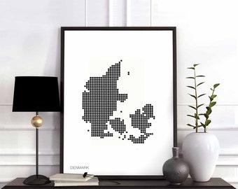 DENMARK minimal dots retro map poster black white wall decor design modern swiss scandinavian nordic housewarming travel