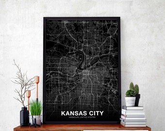 KANSAS CITY Missouri MO usa map poster black white Hometown City Print Modern Home Decor Office Decoration Wall Art Dorm Bedroom Gift
