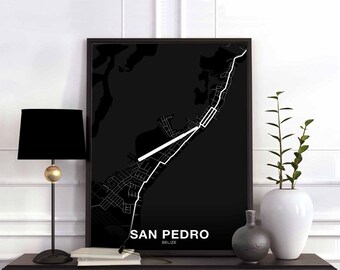 SAN PEDRO Belize map poster black white Hometown City Print Modern Home Decor Office Decoration Wall Art Dorm Bedroom Gift