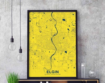 ELGIN Illinois IL US map poster color Hometown City Print Modern Home Decor Office Decoration Wall Art Dorm Bedroom Gift