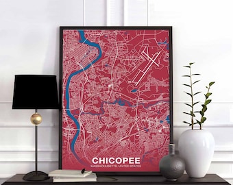 CHICOPEE Massachusetts MA US map poster color Hometown City Print Modern Home Decor Office Decoration Wall Art Dorm Bedroom Gift