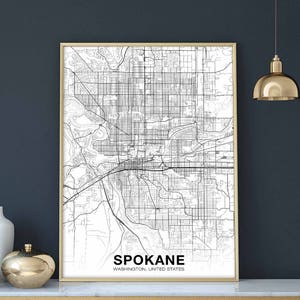 Póster de mapa de SPOKANE Washington WA USA en blanco y negro, impresión de ciudad natal, decoración moderna para el hogar, decoración de oficina, arte de pared, dormitorio, regalo