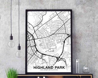 HIGHLAND PARK Illinois IL us map poster black white Hometown City Print Modern Home Decor Office Decoration Wall Art Dorm Bedroom Gift