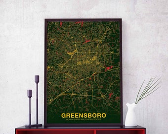 GREENSBORO North Carolina NC US map poster color Hometown City Print Modern Home Decor Office Decoration Wall Art Dorm Bedroom Gift