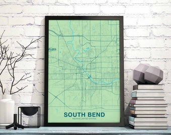 SOUTH BEND Indiana IN usa map poster color Hometown City Print Modern Home Decor Office Decoration Wall Art Dorm Bedroom Gift