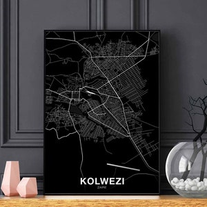 KOLWEZI zaïre carte affiche noir blanc ville natale ville impression moderne décor à la maison bureau décoration mur art dortoir chambre cadeau