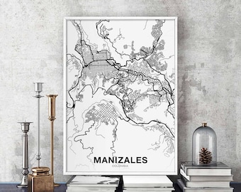 MANIZALES Colombia map poster black white Hometown City Print Modern Home Decor Office Decoration Wall Art Dorm Bedroom Gift