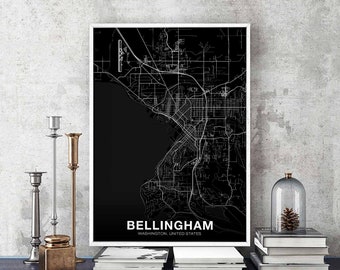 BELLINGHAM Washington WA US map poster black white Hometown City Print Modern Home Decor Office Decoration Wall Art Dorm Bedroom Gift