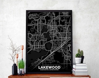 LAKEWOOD Washington WA USA map poster black white Hometown City Print Modern Home Decor Office Decoration Wall Art Dorm Bedroom Gift