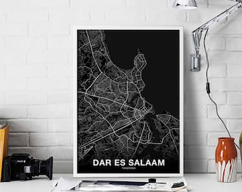 DAR ES SALAAM Tanzania map poster black white Hometown City Print Modern Home Decor Office Decoration Wall Art Dorm Bedroom Gift