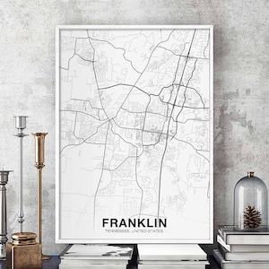 FRANKLIN Tennessee TN USA map poster black white Hometown City Print Modern Home Decor Office Decoration Wall Art Dorm Bedroom Gift
