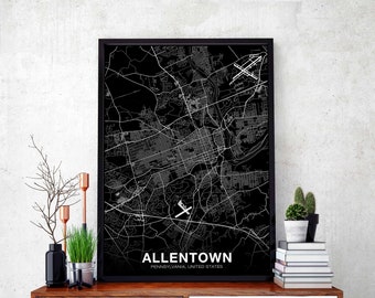 ALLENTOWN Pennsylvania PA US map poster black white Hometown City Print Modern Home Decor Office Decoration Wall Art Dorm Bedroom Gift