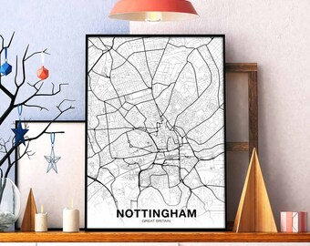 NOTTINGHAM Great Britain UK map poster black white Hometown City Print Modern Home Decor Office Decoration Wall Art Dorm Bedroom Gift