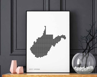 WEST VIRGINIA US state minimal dots retro map poster black white wall decor design modern swiss scandinavian nordic housewarming travel
