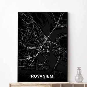 ROVANIEMI Finlande carte affiche noir blanc ville natale ville impression moderne décor à la maison bureau décoration mur art dortoir chambre cadeau