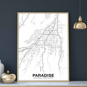 PARADISE California ca usa mapa póster negro blanco Ciudad natal Imprimir Decoración moderna Decoración de la oficina Decoración de la pared Arte Dormitorio Dormitorio Regalo imagen 1